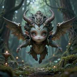 demon spawn flying in an enchanted forest, flawless symmetrical pretty cute face, greg rutkowski, 8 k, shallow depth of field, intricate detail, concept art,