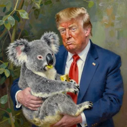 An impressionist oil painting of Donald Trump eating a koala bear