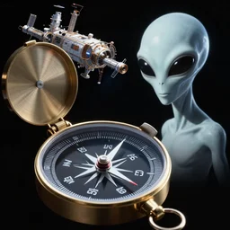 photograph of compass in space, a 4 alien headed space station, one head with long orange - blue parted hair, one foveated eye for each of the 4 heads by jack gaughan, virgil finlay, alberto bontempi, shigeru komatsuzaki, wayne d barlowe, alex ross, enric torres, boris vallejo, alex ross, enric torres