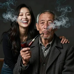 hyper realistic color photo, portrait of a single weathered old man and aesthetic laughing woman smoking pipe, cables, vapour emerge from their eyes, dramatic lighting and shadow!!, full colour, upscale, 8 k, masterpiece