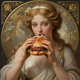 portrait of sacred goddess venus eating hamburgers, extra onions and ketchup, luscious patty with sesame seeds, feminine ethereal, handsome, d & d, fantasy, intricate, elegant, highly detailed, digital painting, artstation, concept art, matte, sharp focus, illustration, art by artgerm and greg rutkowski and alphonse mucha
