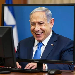 benjamin netanyahu laughing hysterically at computer screen, vivid rich colors, vibrant, warm, highly detailed, dynamic lighting
