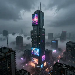futuristic dystopian cityscape, high rises, billboard ads, neon signs, overcast, foggy, ground - level clouds, depressing, ominous, imposing, industrial, polluted, cyberpunk, view from above, dramatic illumination, multi colored lighting, backlit, highly detailed, ultra realistic, 8 k, cityscape photography, by greg rutkowski, by nathan walsh