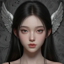closeup portrait perfectly detailed of a beautiful mysterious girl, mini wings around head, cute eyes, swirly intricate linework background by stanley artgerm lau, smooth, digital painting, by greg rutkowski and james jean, zbrush, trending on artstation, unreal engine 5