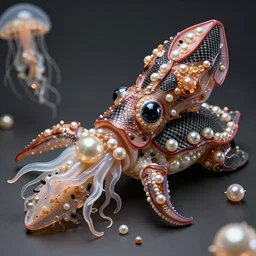 incredibly realistic, too detailed sculpture, Styracosaurus squid, made of lab tissue, carbon fibers, real pearls, jellyfish gelatin, rendered in Maya, bump mapping, macro image, global illumination, 8k, bokeh