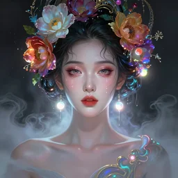 asian femalee portrait by ruan jia and miho hirano, colorful and vibrant, majestic, open wide eyes, tear drops, flowers on hair, glowing light orbs, intricate concept art, elegant, digital painting, smooth, sharp focus, ethereal opalescent mist, outrun, vaporware, cyberpunk darksynth, ethereal, ominous, misty, 8 k, rendered in octane