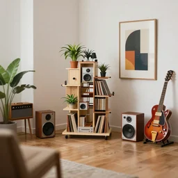 tilt shift focus, miniature 1 9 5 0 s interior design by gaudi, rube goldberg machine, house plants, hi - fi stereo with speakers, record collection, gretsch guitars, tube amps, modern furniture, bold modern abex art, mid century, minimal