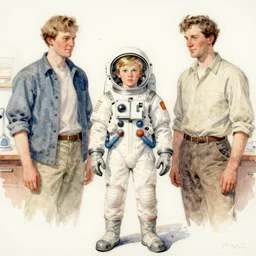Orville Houghton Peet and William Simpson and Jean Gautier watercolor painting sketch of a boy super scientist in a retro home made astronaut suit