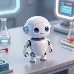 a cute rounded tiny robot looking up to the camera smiling, made out of shiny white metal, standing on a lab table surrounded by lab tools, photograph, white neon lighting, pixar style, futuristic, science fiction, high angle, macro