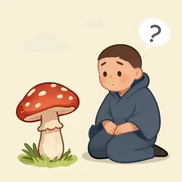 first homosapien becoming self aware, looking at a piece of mushroom confused and questioning reality