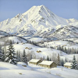 landscape painting, snow, huge mountains background, winter, art style by jodhpurs greg manchess painting by sargent and leyendecker, studio ghibli, intricate elegant illustration hearthstone