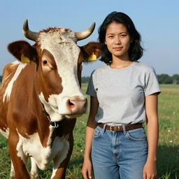 a long - shot, color travel photograph portrait of a woman and a cow, day lighting, 1 9 9 0 photo from photograph magazine.