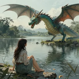 a girl and a drunk dragon on a lake, epic cover for a book, detailed, photorealistic
