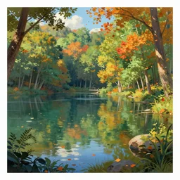 A beautiful lake, lush trees, in fall, a fantasy digital painting by Greg Rutkowski and James Gurney, trending on Artstation, highly detailed