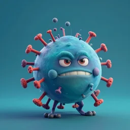 a full studio shot of a virus as a pixar character against a dark cyan backdrop. it is cute, evil and adorable.