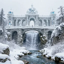 a palace made of crystal stone with arches and bridge on top of a waterfall in the snow, blizzard,  a small stream runs beneath the waterfall, landscape, raphael lacoste, eddie mendoza, alex ross, concept art, matte painting, highly detailed, rule of thirds, dynamic lighting, cinematic, detailed, denoised, centerd