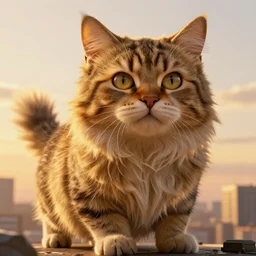 colossal fluffy cyberpunk tabby cat, golden hour, fantasy, vivid colors, sharp focus, digital art, hyper - realistic, 4 k, unreal engine, highly detailed, hd, dramatic lighting by brom, trending on artstation