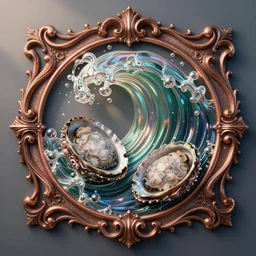art nouveau cresting oil slick waves, abalone, paua shell, hyperdetailed bubbles in a shiny iridescent oil slick wave, ornate copper patina medieval ornament, rococo, organic rippling spirals, octane render