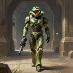 character portrait of samus aran from metroid wearing combination halo armor and varia suit walking cautiously with her hand on her gun arm through an ancient temple hallway, 8 k, realistic shading, symmetrical face details, digital painting, matte painting, concept art, illustration, halo infinite, good value control, vibrant colors, john singer sargent