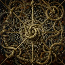 hyper realistic painting of entanglement in ropes, threads, lines, vines, swirly, veins, tight, bulge, twisting, gnarly, compressed, in the style of wayne barlowe, gustav moreau, goward, bussiere and roberto ferri, santiago caruso, and austin osman spare, saturno butto, sorayama. occult art, alchemical diagram