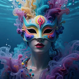 a centered render of an alluring goddess wearing a psychedelic mask surrounded by a underwater ink pour and flowing liquid galium, perfect face, powerful, cinematic, beautifully lit, by artgerm, by karol bak, 3 d, trending on artstation, octane render, 8 k