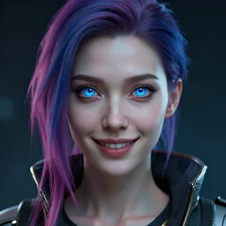 cyberpunk full shot, afraid, looking for something, cinematic, very detailed, cgsociety, artstation, female, grinning, colored locks of hair, clean, symmetry, blue eyes, intricate, impossible beauty, eye implant bionic, ponytail, staring in the void, art by krenz cushart and artem demura and alphonse mucha