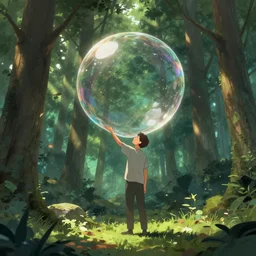 a man stand in the forest and make a big soap bubble, Artstation