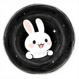 A happy cartoon bunny protruded halfway out of a spiral black hole of stars and looked ahead-H 768