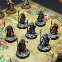 painted figurines for a fantasy rpg, on a game board. intricate ; finely detailed.