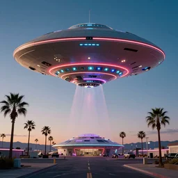 a pfotograph of an giantic ufo over las vegas, movie poster, rule of threes, film photography, 3 d render, trending on artstation, 3 d society, neon ligths, futurism