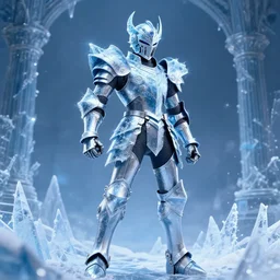 full shot of knight wearing ice Armor, inspired by Saint Seiya , frozen scène, high détails, octane render, volumetric lighting