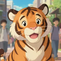 a film still of a disney happy girl, a stripped tiger, finely detailed features, perfect art details, in a city, sun, gapmoe, yandere, trending on pixiv fanbox, painted by ( ilya kushinov ) makoto shinkai takashi takeuchi studio ghibli akihiko yoshida, makoto shinkai!!!