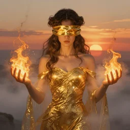 woman, gold, fog, blindfold, flames on hands, magic, sunset, D&D character, by greg rutkowski, epic fantasy, detailed illustration, hd, 4k, overdetailed art by Alfons Mucha, complementing colors, Trending on artstation, deviantart