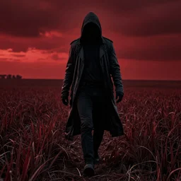 Red death Reaper walking into a field, red sky