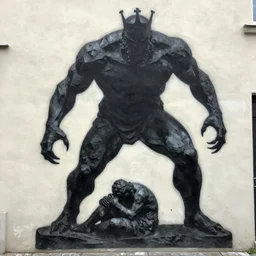 by alexander archipenko romantic luminism. a street art of a large, black - clad figure of the king looming over a small, defenseless figure huddled at his feet. the king's face is hidden in shadow. menacing stance, large, sharp claws, dangerous & powerful creature.