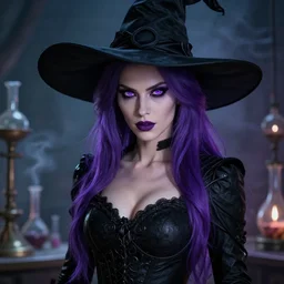 an insanely detailed close up portrait of a beautiful witch with haunting purple eyes, she stands in an smoky alchemy lab, long purple hair, tightly fitting black ornate dress and black witch hat, in the style of peter mohrbacher, artgerm, dramatic lighting and composition, octane render, trending on artstation, concept art 8 k
