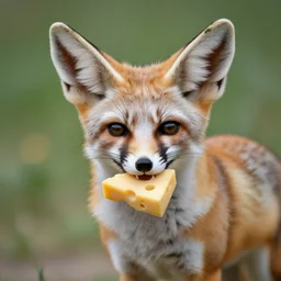 Fennec fox holding cheese in his mouth, hyperrealistic