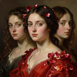 beautiful oil matte portrait painting, women in red dresses covered in flower petals, detailed faces, wonderful masterpiece highly detailed, beautiful cinematic light deep focus, elegant, digital painting, smooth, sharp focus, golden ratio, dramatic illumination, ultra realistic, 8 k, art by artemisia lomi gentileschi and caravaggio