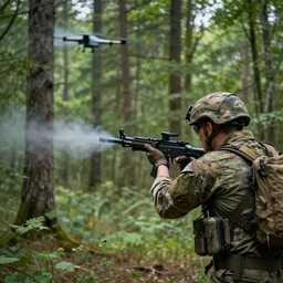 A soldier in a forest shooting at an enemy drone with his machine gun, HDR, 8k, trending on artstation