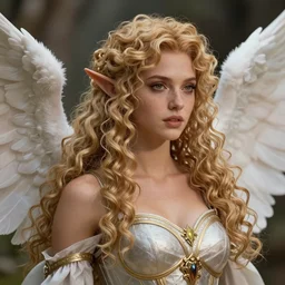 complex 3 d hyper realistic smooth ultra sharp render of an angelic gorgeous high elf princess paladin woman | tanned skin, curly dirty blonde hair, freckles | d & d, medieval, fantasy | breathtaking, divine, serene | art by oh jinwook + 吵 集 仁 儿 on artstaion + takeshi obata + alphonse mucha
