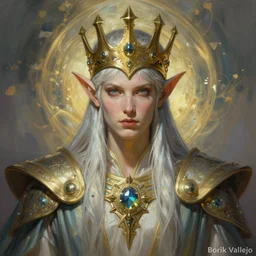 a stunning portrait of a Divine Elf King, fantasy illustration by Frank Frazetta and Boris Vallejo, symmetric, highly detailed, trending on artstationhq