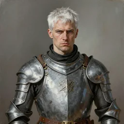 portrait painting of a cocky man with short white hair wearing grey pelt gambeson, early 3 0 s. sharp focus, award - winning, trending on artstation, masterpiece, highly detailed, intricate. art by rebecca guay