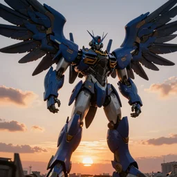 giant blue anime robot with giant wings stay on sunset, jakub rozalski art style, dramatic, detailed