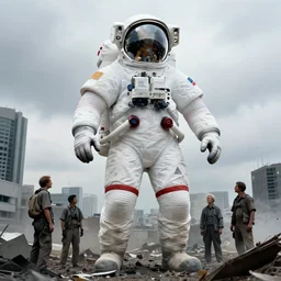 giant american spacesuit astronaut in postapocalyptic tokio, overcast, by steve mccurry, by oleg oprisco, by thomas peschak, by discovery channel, by victor enrich, by gregory crewdson