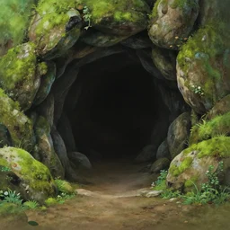 round circular evil cave entrance from outside in center frame covered in moss and rocks, large boulders matte painting studio ghibli