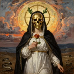 michael angelo oil painting of a woman with metalic gold skeleton mask, wearing white and black virgin attire wearing an aureola made of gold, cactus and pearls over the head, holding a rose in a hand, with warm sunset backlight reflecting on a whirlpool of clouds forming acircular background. sunset light. beneath there's a barren land with serpents.