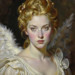 exquisite oil painting on canvas of gwendoline christie portraying lucifer, woman's portrait, gorgeous face, goldilocks, porcelain looking skin, intense gaze golden eyes, unique and intricate painting, stunning ivory dress, elegant, majestic, 4 k, ultra high quality, canon, hyperrealist, by annie leibovitz