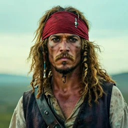 photo portrait of an rugged albino african pirate with a red headband | brown vest | strong young adult, thin blonde mustache, afro blonde hair, stern face, rugged and dirty, cinematic lighting at sundawn, teal - movie color grading