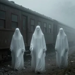 ghostly travelers in an old creepy foggy train ominous ligne claire fantasy by igor wolski as featured on artstation 3 d, detailed, by beksinski, francis bacon