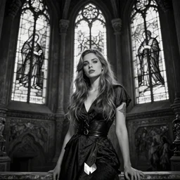 kaitlyn michelle siragusa, better known as amouranth, posing in a mysterious temple. ancient stainedglass windows. sharp focus ; highly detailed. hq relaxed pose bw photography 1 3 0 mm award - winning hd